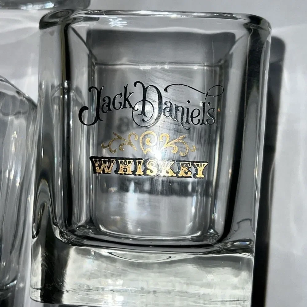 Jack Daniels Whiskey Square Rocks Glasses Black & Gold Graphics Set of 3 New